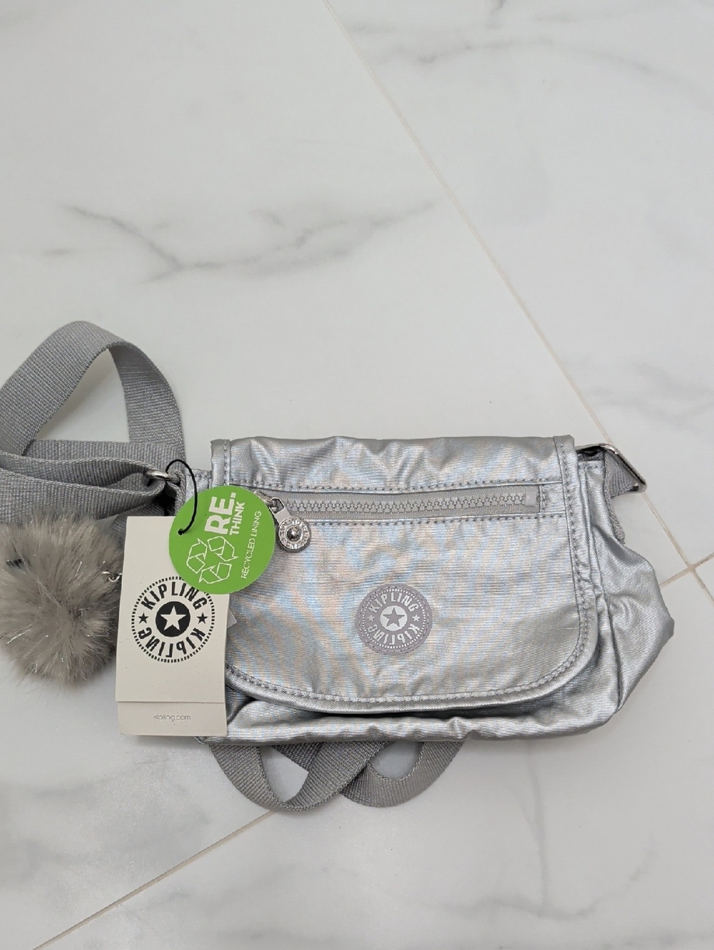 Kipling Silver Metallic Crossbody with Pom Keychain